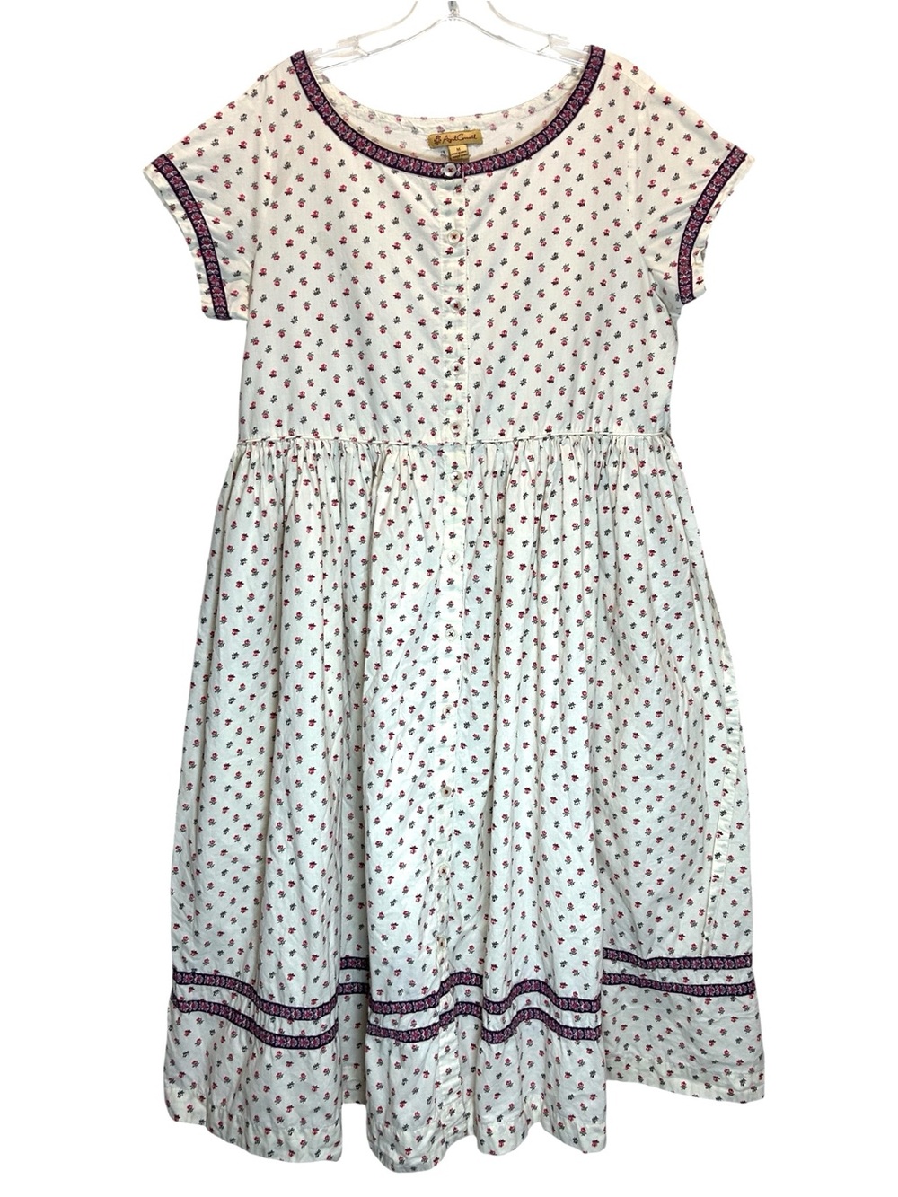 April Cornell White Midi Dress with Pink Floral Print and Purple Trim